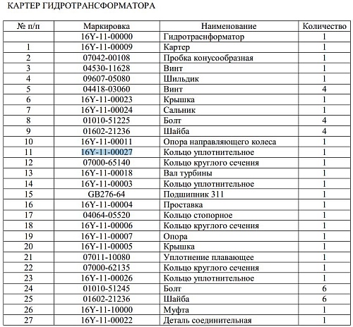 Кольцо уплотнительное 16Y-11-00027 Кольцо уплотнительное 16Y-11-00027